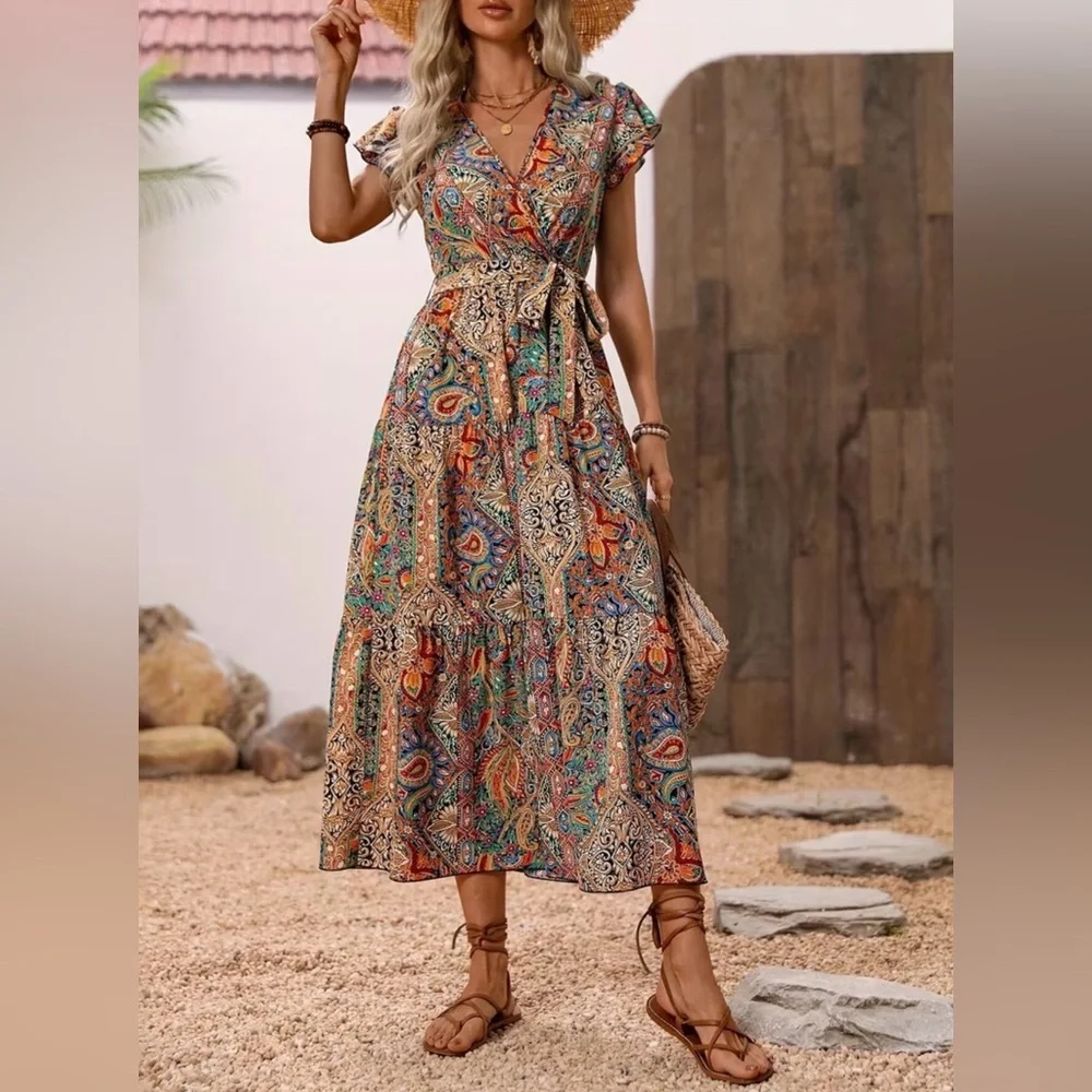 Floral Boho Faux V Neck Wrap Tie Midi Dress New Boutique - Picture 4 of 5